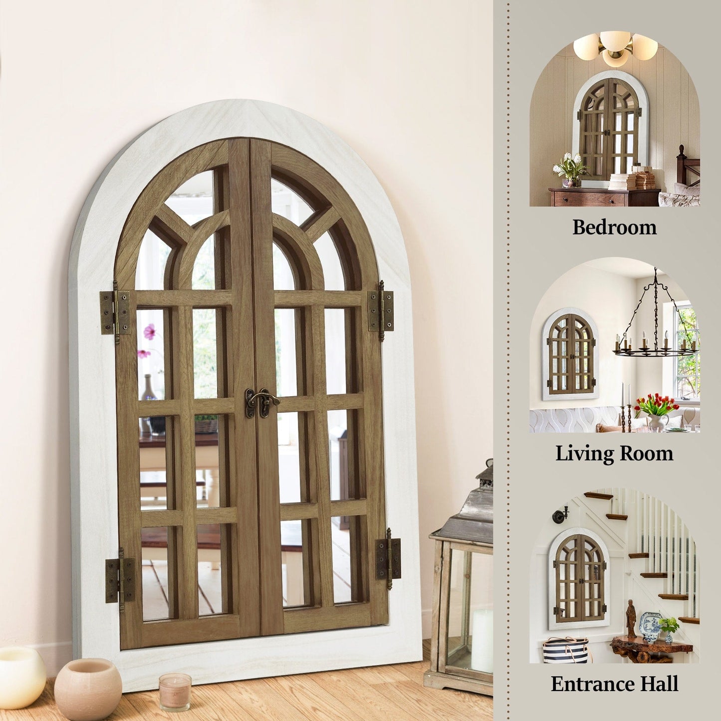 Specchio da parete ad arco con finestra in stile fattoria