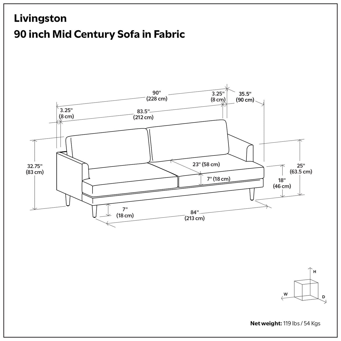 Divano moderno di metà secolo WYNDENHALL Chloris da 90 pollici di larghezza - Â 90 L x 35,5 P x 32,75 A