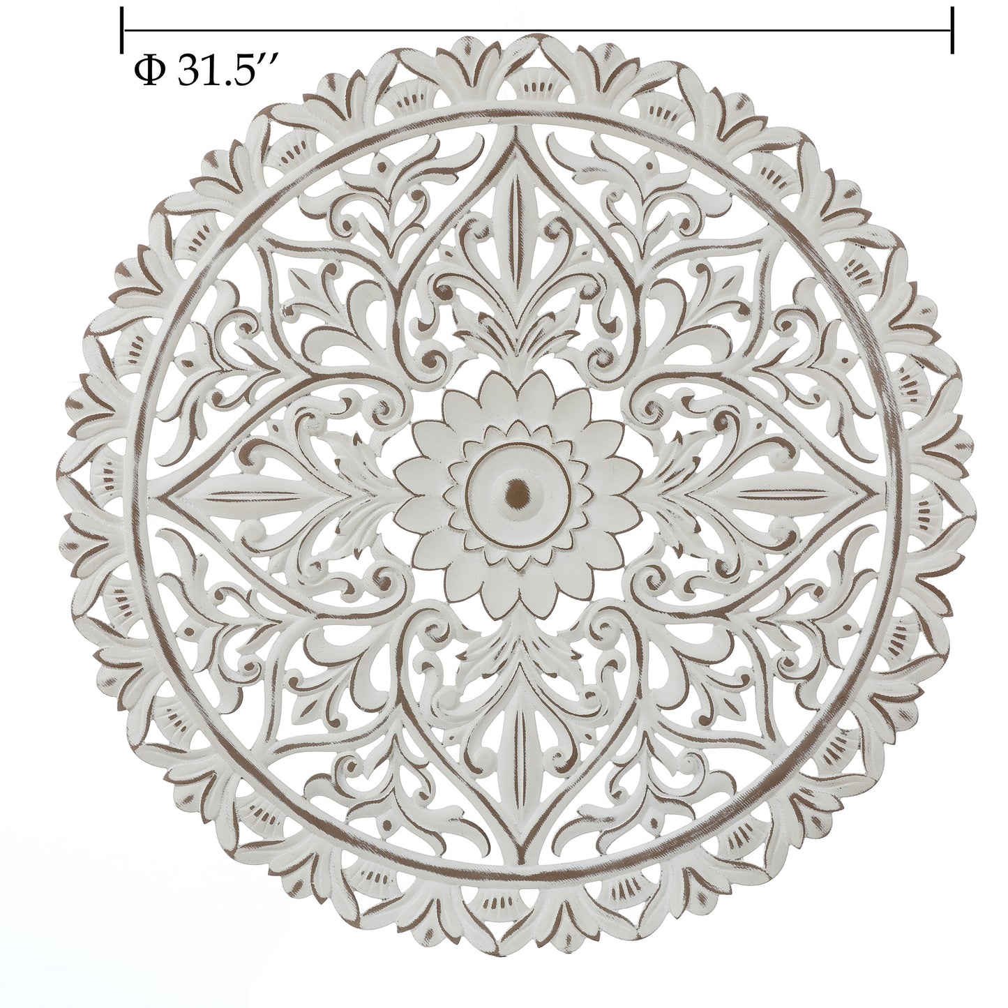 Decorazione da parete rotonda Mandala con fiori in legno bianco anticato, 31,5 cm