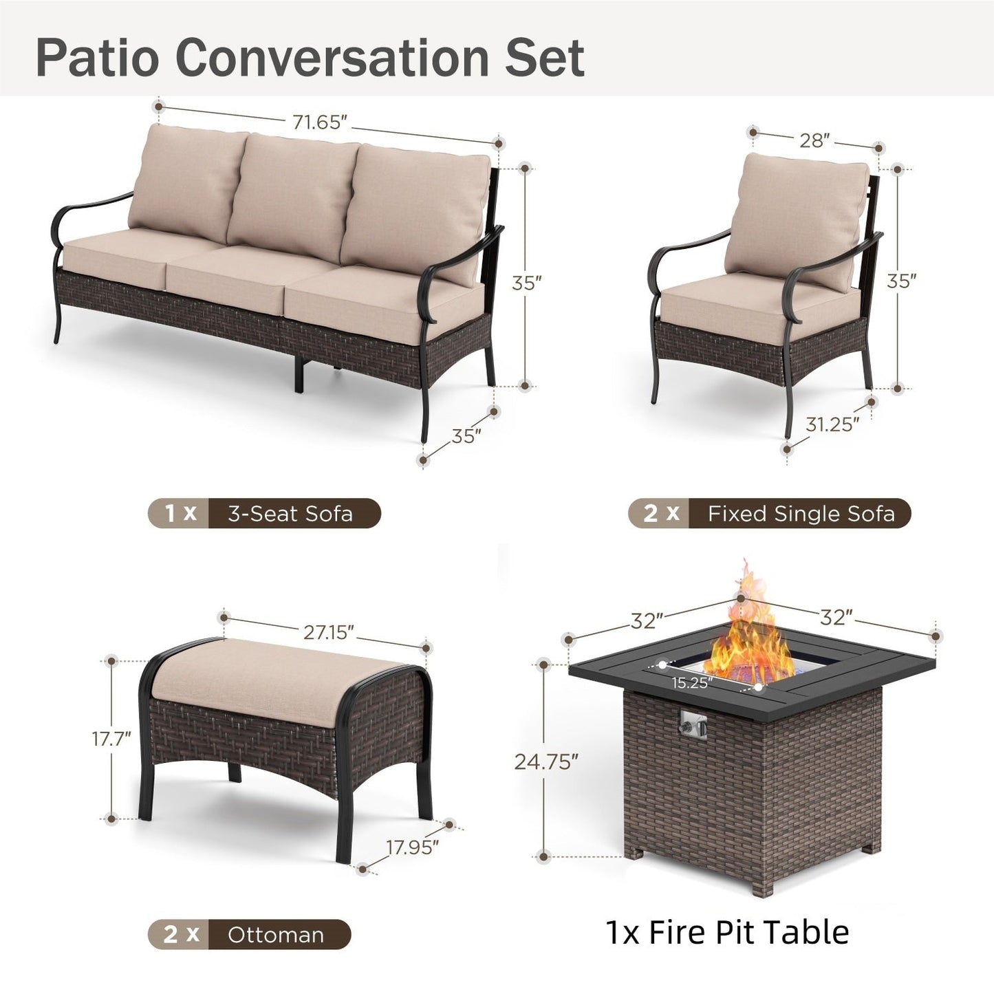 MAISON ARTS Set da esterno oversize da 6 pezzi con braciere - Divano a 3 posti, divano a 2 posti, sedie girevoli, pouf (beige)