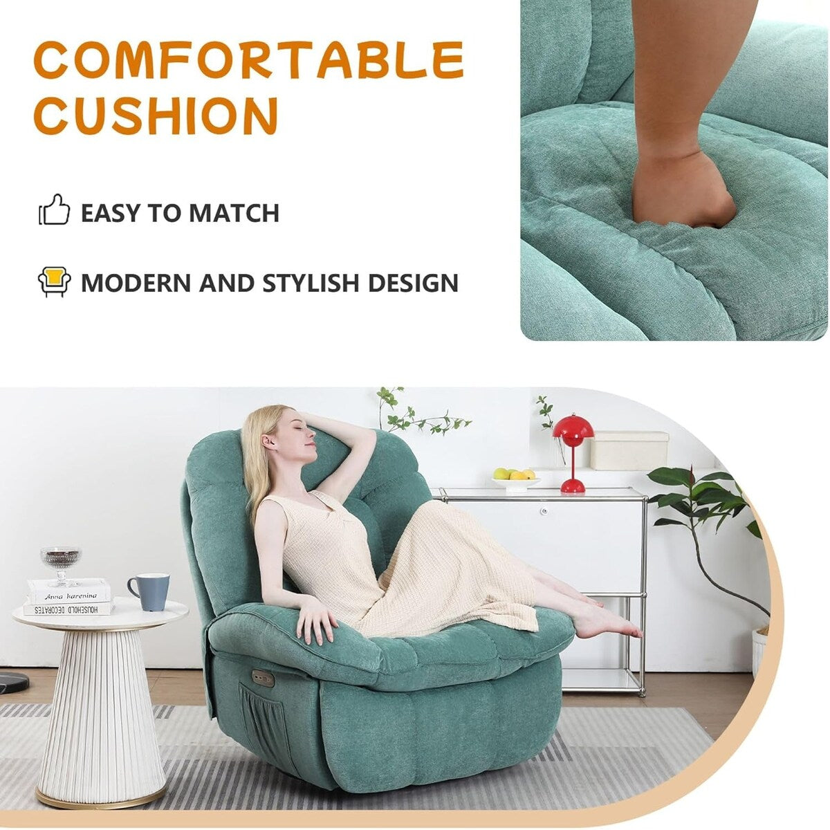 Poltrona reclinabile girevole elettrica XINMICS, poltrone reclinabili massaggianti con riscaldamento, USB, USB-C e tasca laterale