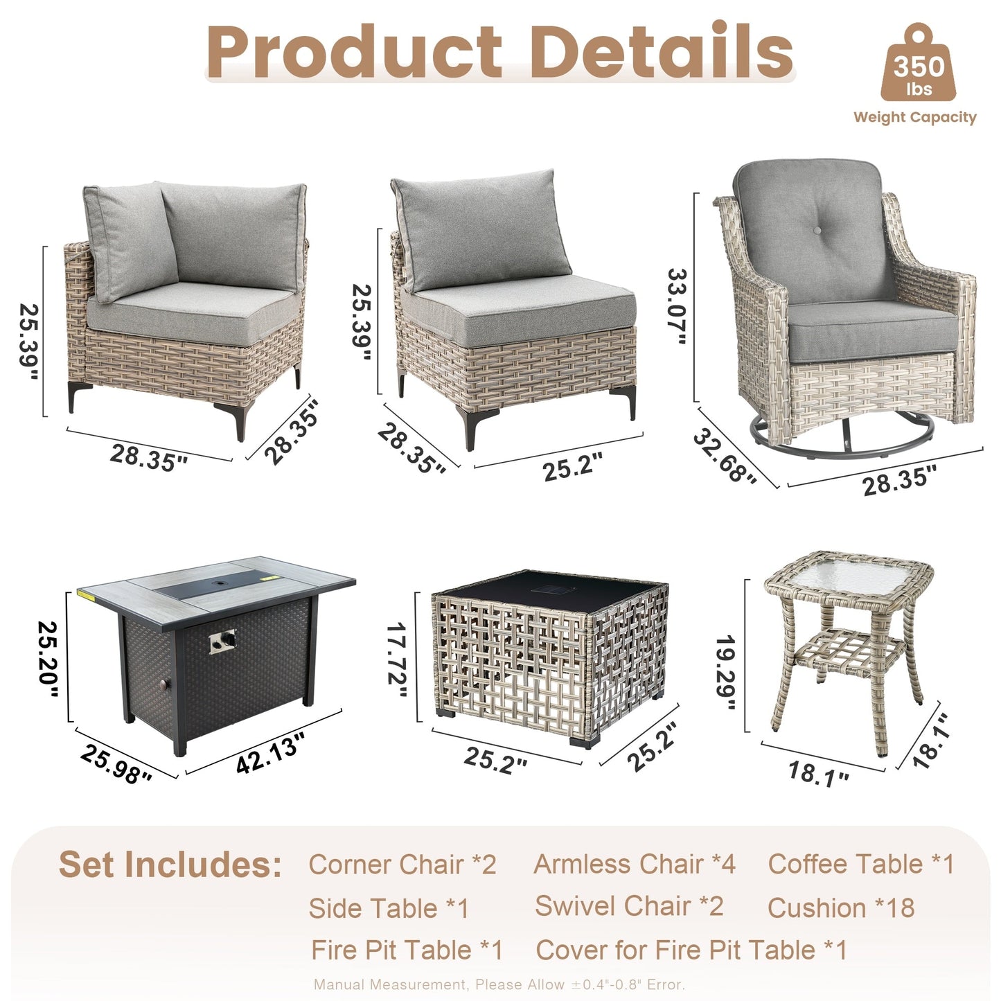 Set di mobili da giardino in rattan e vimini XIZZI da 11 pezzi con tavolo con braciere