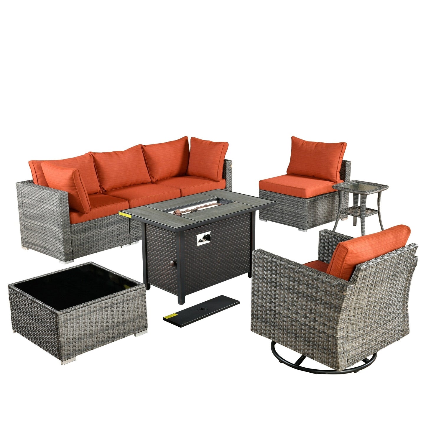 Set di 8 sedie girevoli per esterni in vimini da patio XIZZI con tavolo per braciere