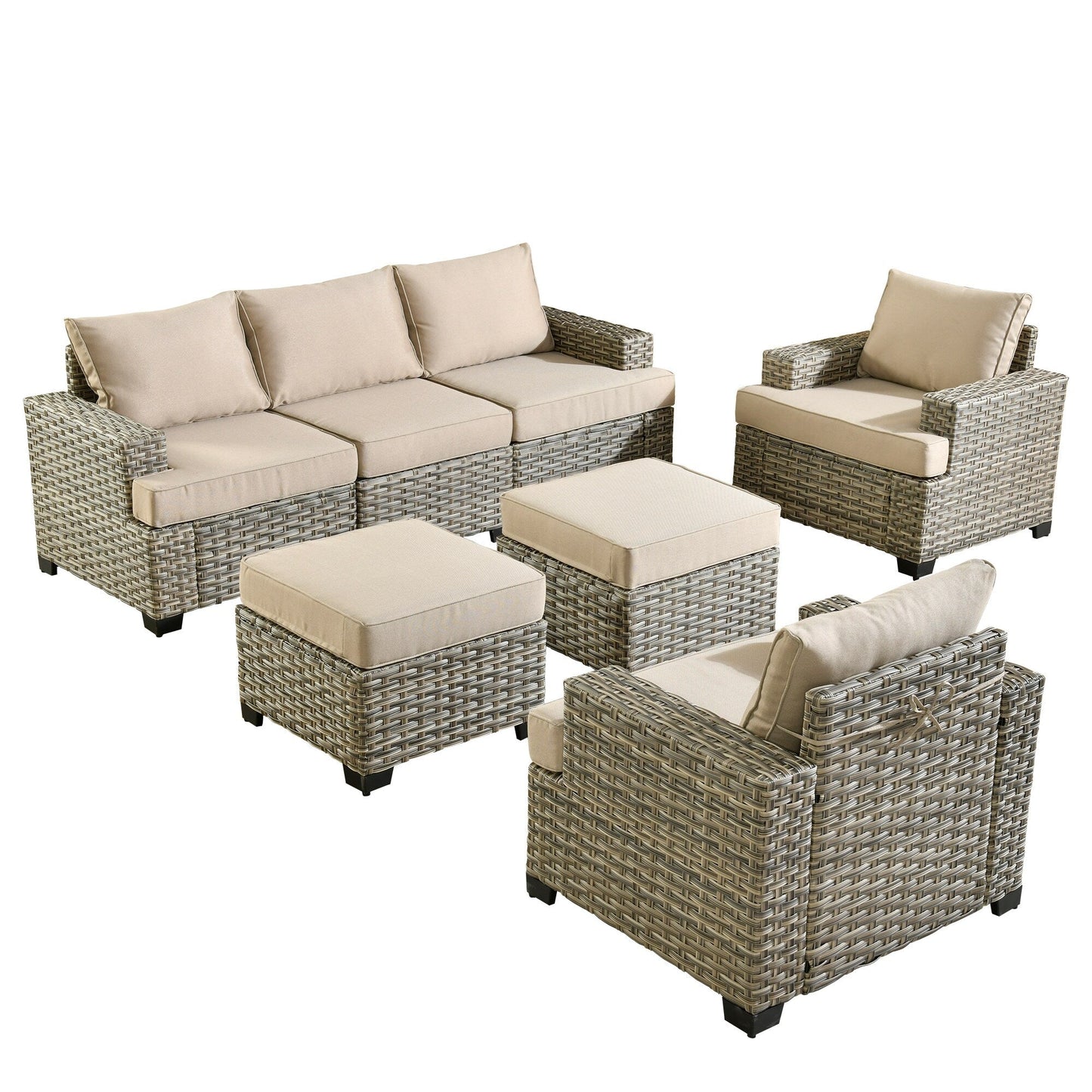 XIZZI Set di divani da conversazione con braccioli larghi e pouf da giardino, 7 pezzi