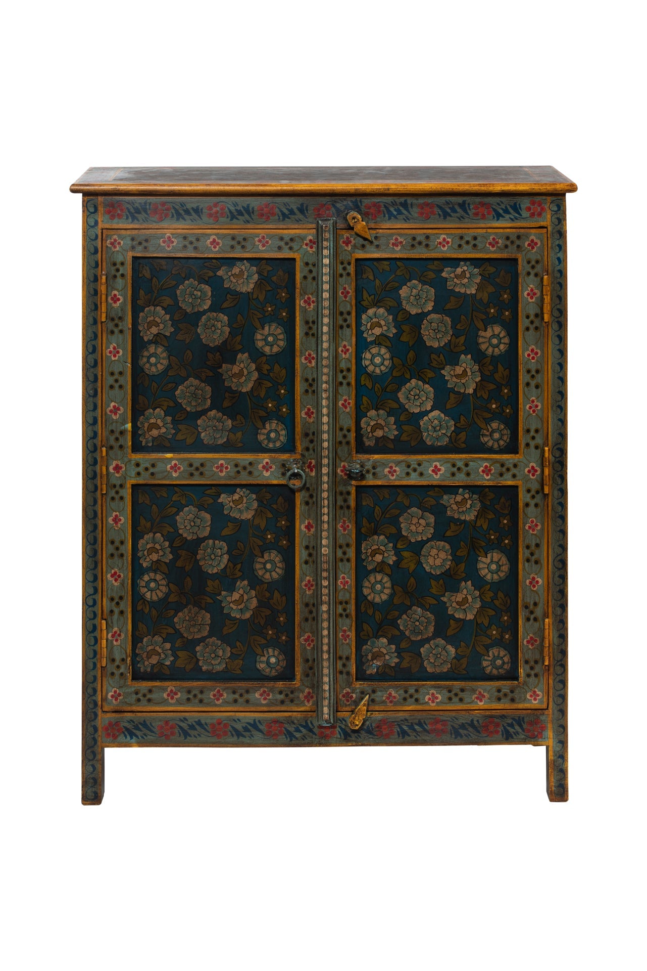 Frida-credenza 2 sportelli in legno decoro a mano in legno blu