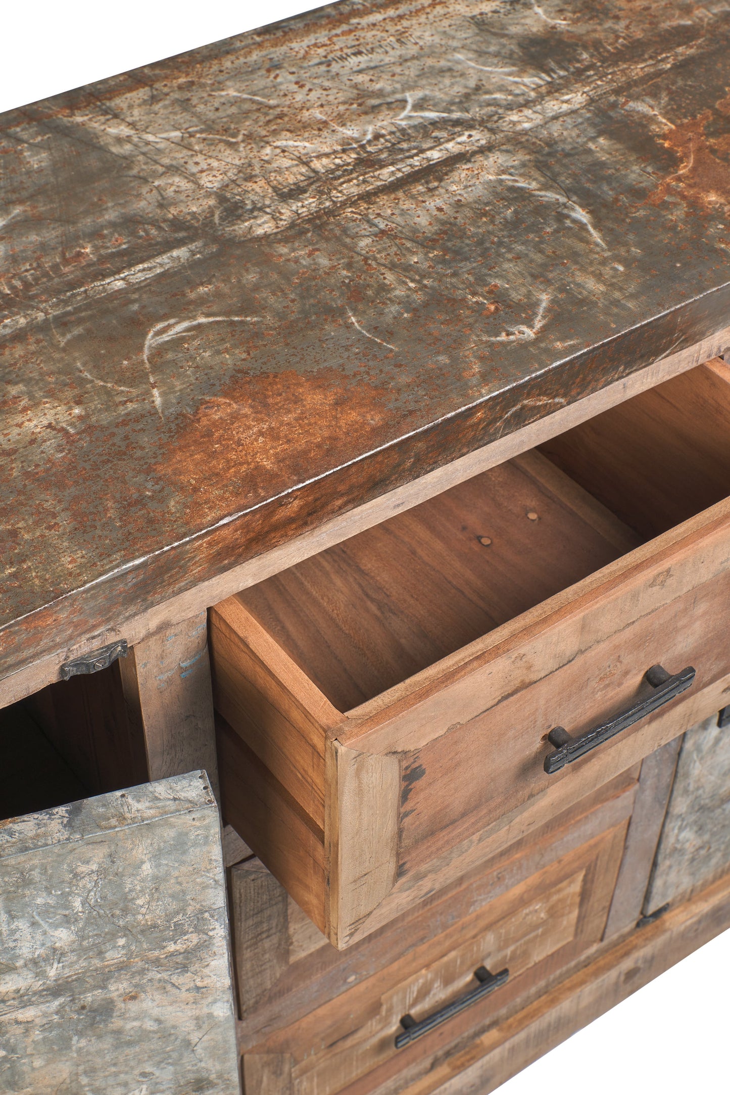 Credenza 2 sportelli metallo e 3 cassetti legno riciclato