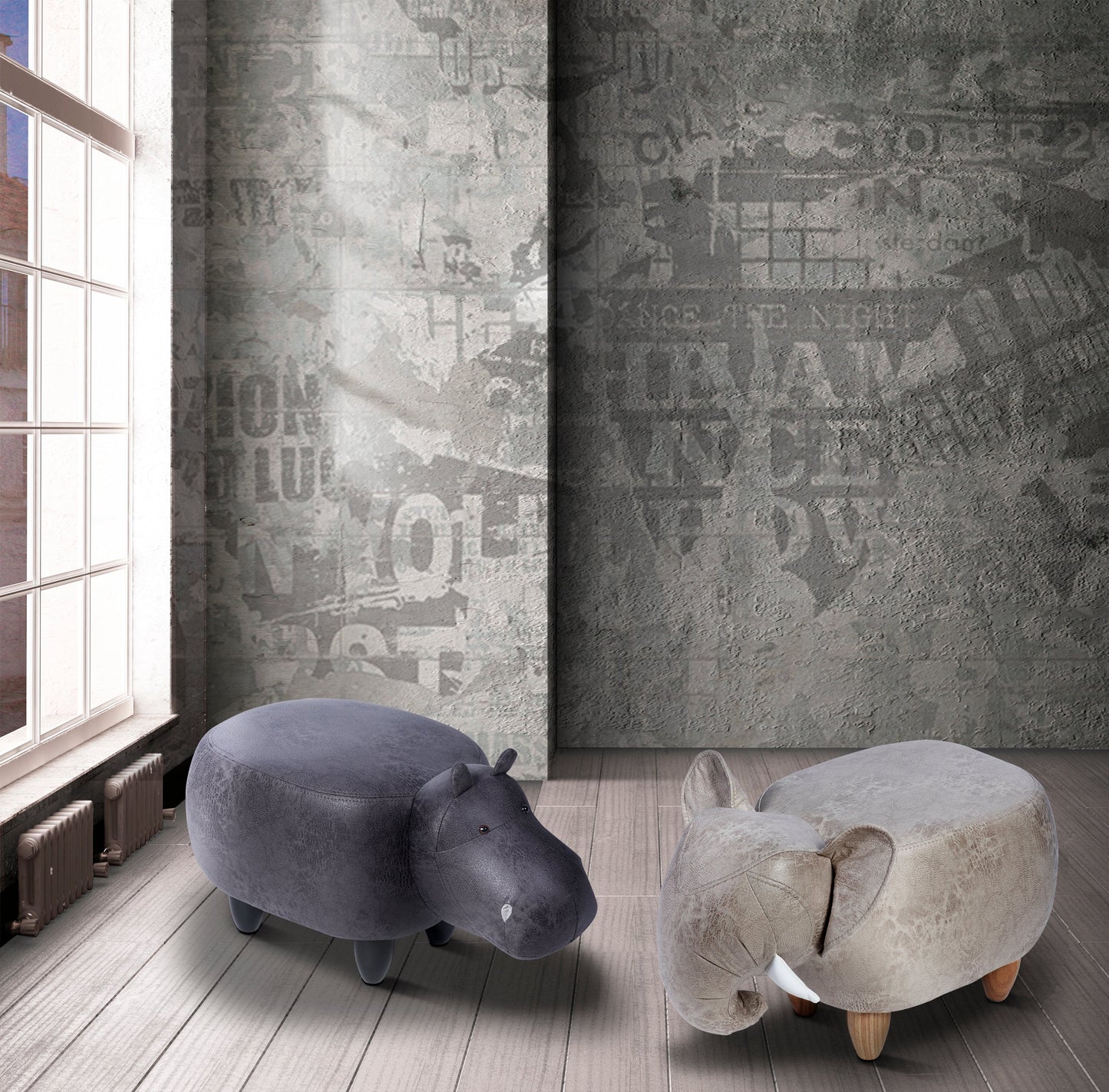 Pouf imbottito in fintapelle e legno - ippopotamo