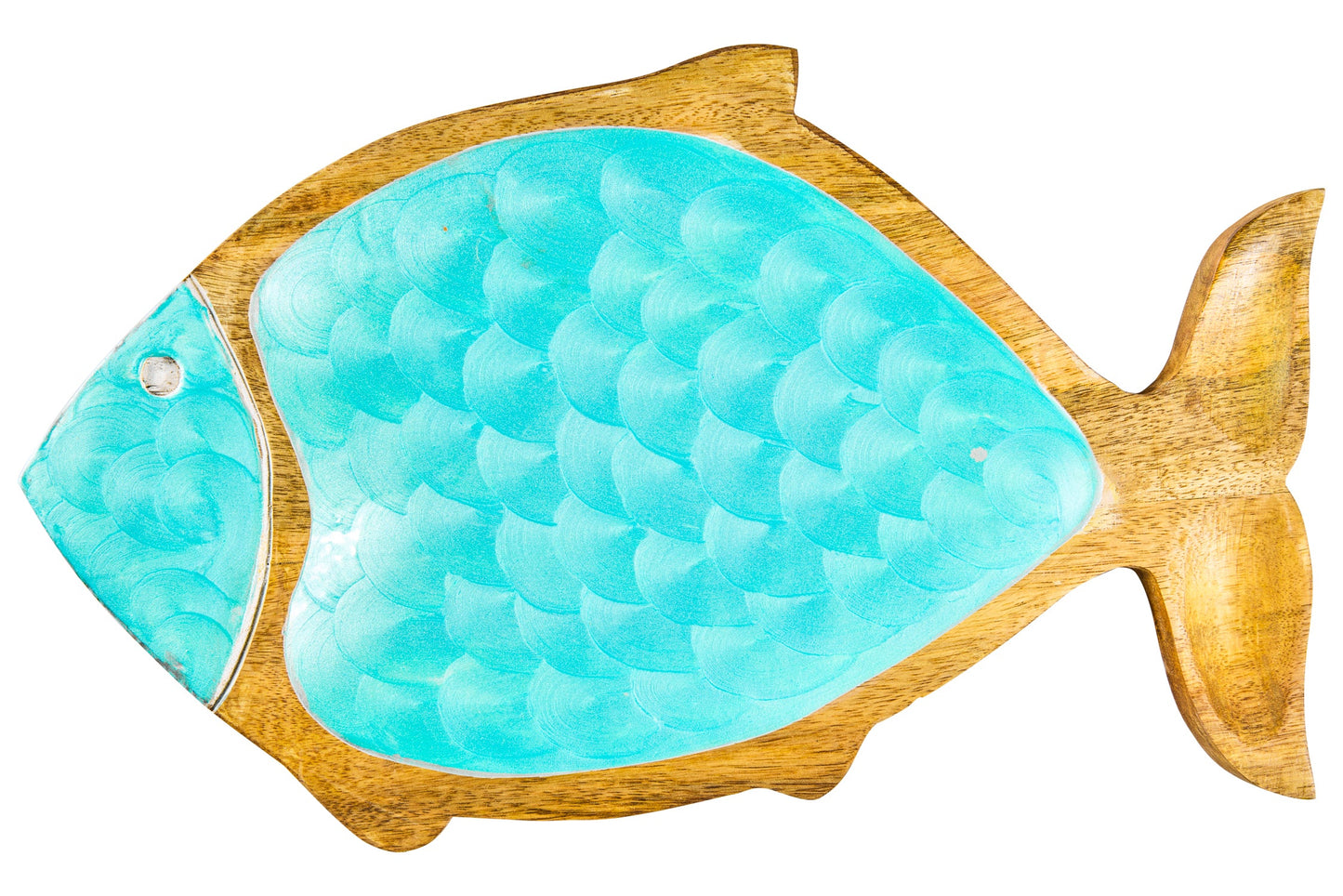 Servizio - Vassoietto Forma Pesce Legno Smalto Turquese Eff.Capiz