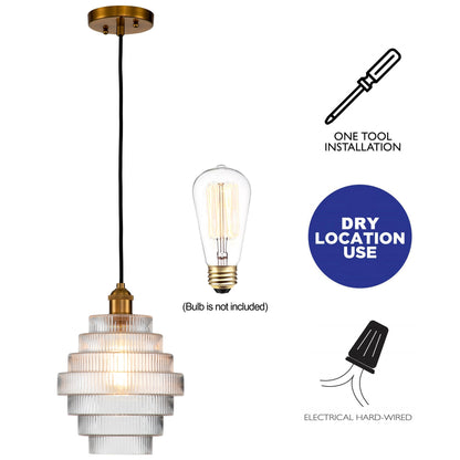 Lampadario a sospensione in ottone anticato a 1 luce C Cattleya con paralume in vetro a strisce - Ottone anticato