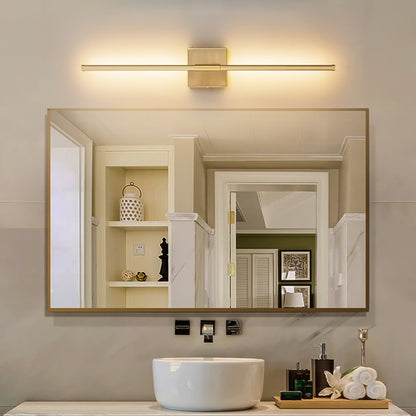 Applique da parete moderna a striscia lineare lunga nera/oro/nichel, dimmerabile, con luce LED per il bagno
