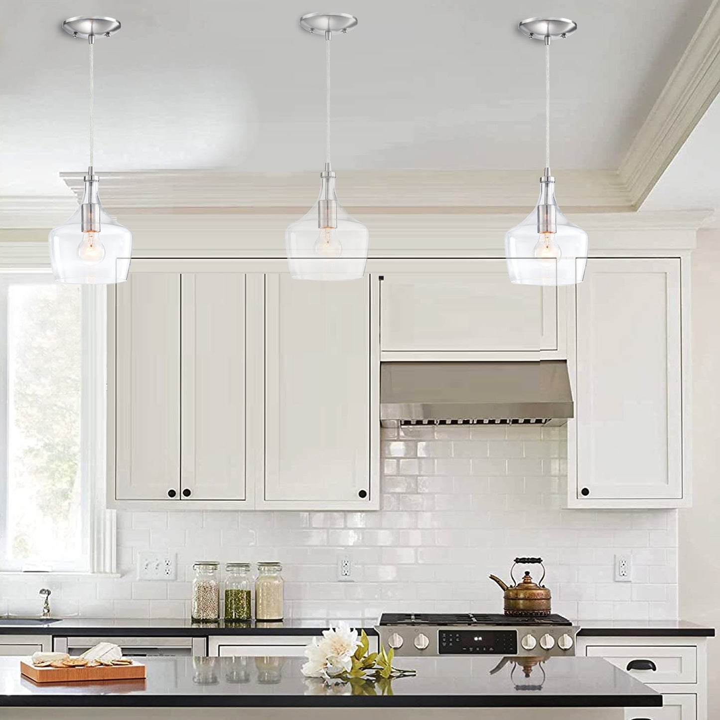 Lampadario a goccia in vetro trasparente per isola da cucina a 1 luce (è possibile scegliere tra 1 o 3 confezioni)