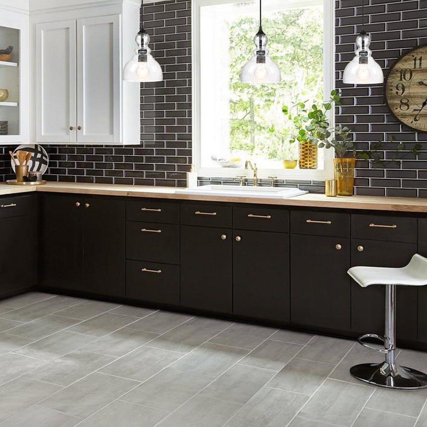 Lampadario a sospensione in vetro con semi a goccia per isola da cucina con 1 luce e finitura nera, confezione da 3