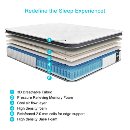 Materasso ibrido in memory foam e molle insacchettate da 10 pollici con top europeo, materasso in una scatola