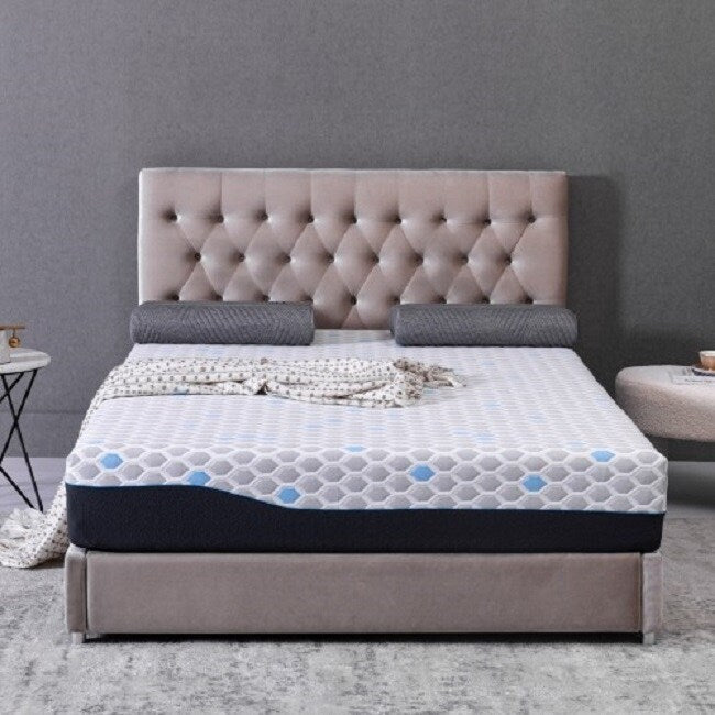 Materasso in memory foam da 10 pollici Queen Size, materasso in una scatola, memory foam in gel infuso di carbone di bambù - Grigio chiaro-blu