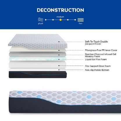 Materasso in memory foam da 10 pollici Queen Size, materasso in una scatola, memory foam in gel infuso di carbone di bambù - Grigio chiaro-blu