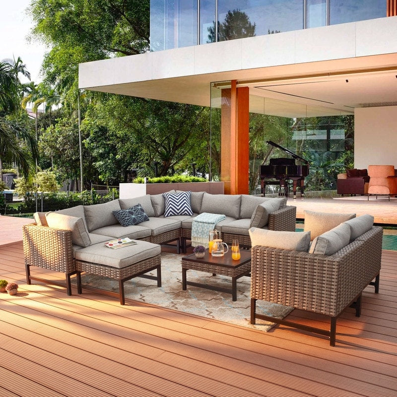 Patio Festival - Set da conversazione in vimini per esterni ad angolo retto da 10 pezzi