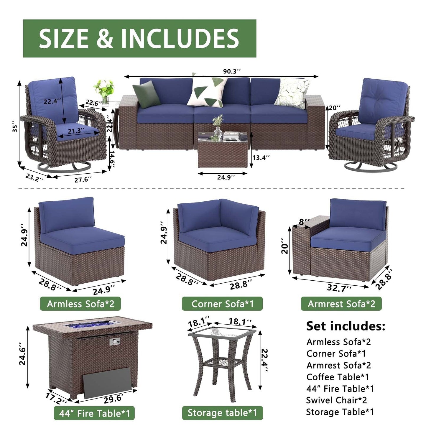 Set di divani componibili in vimini da 10 pezzi