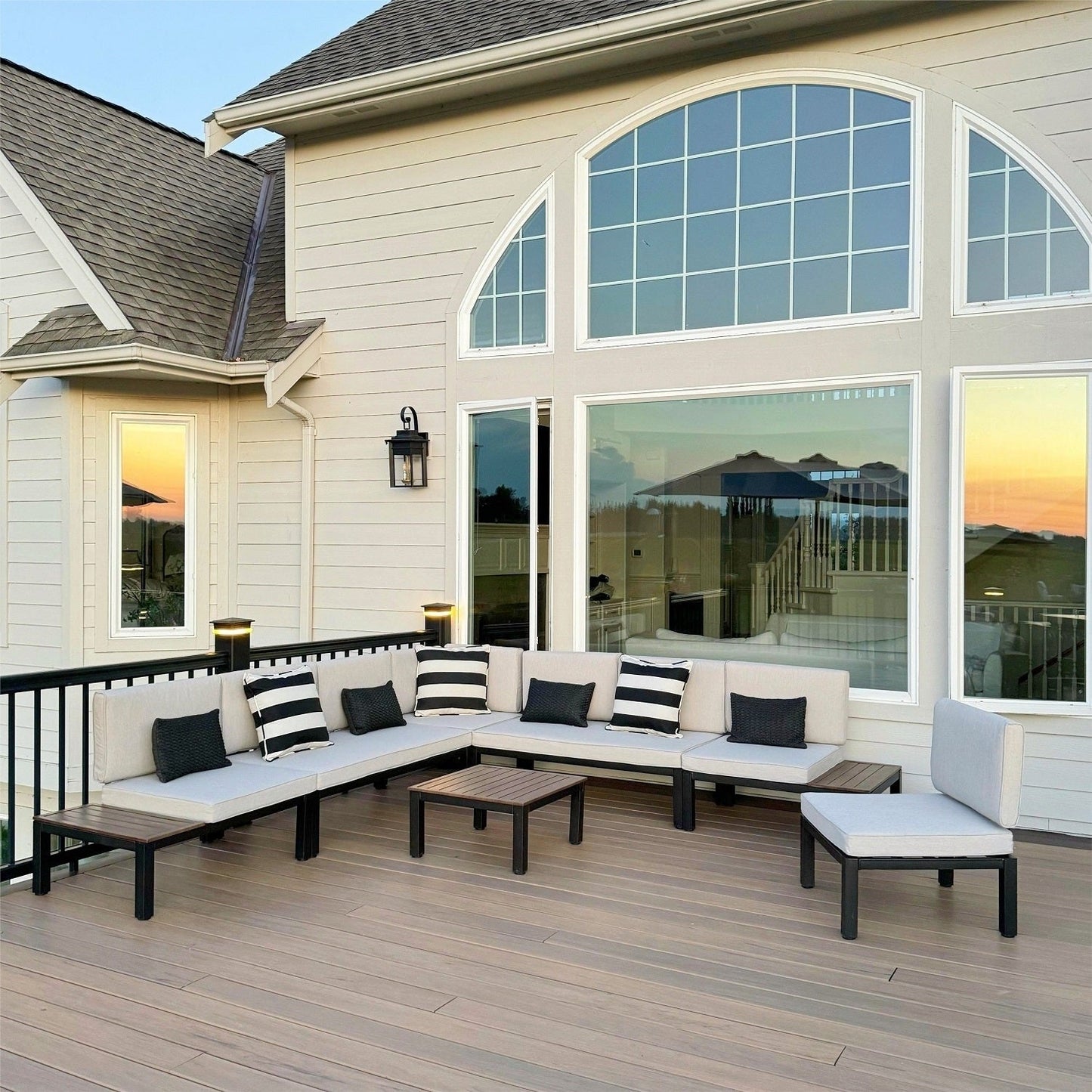 Set di divani componibili da giardino da 10 posti, struttura in acciaio con rivestimento E, set da conversazione con tavolino laterale incorporato, cuscino grigio