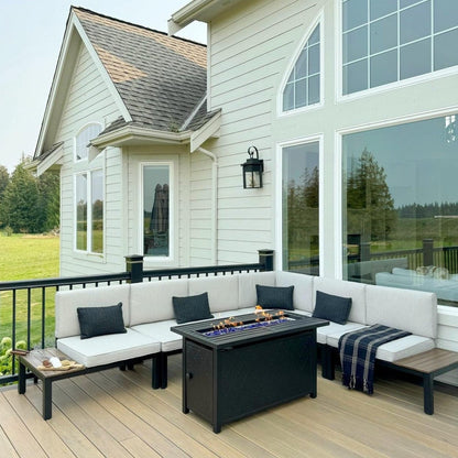 Set di divani componibili da giardino da 10 posti, struttura in acciaio con rivestimento E, set da conversazione con tavolino laterale incorporato, cuscino grigio