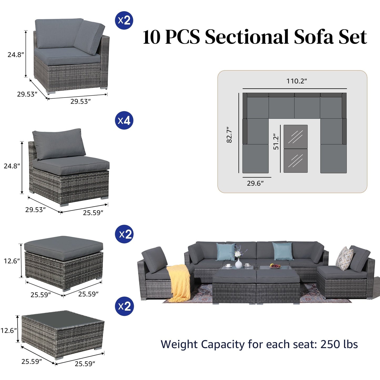 Set di divani componibili in vimini da 10 pezzi
