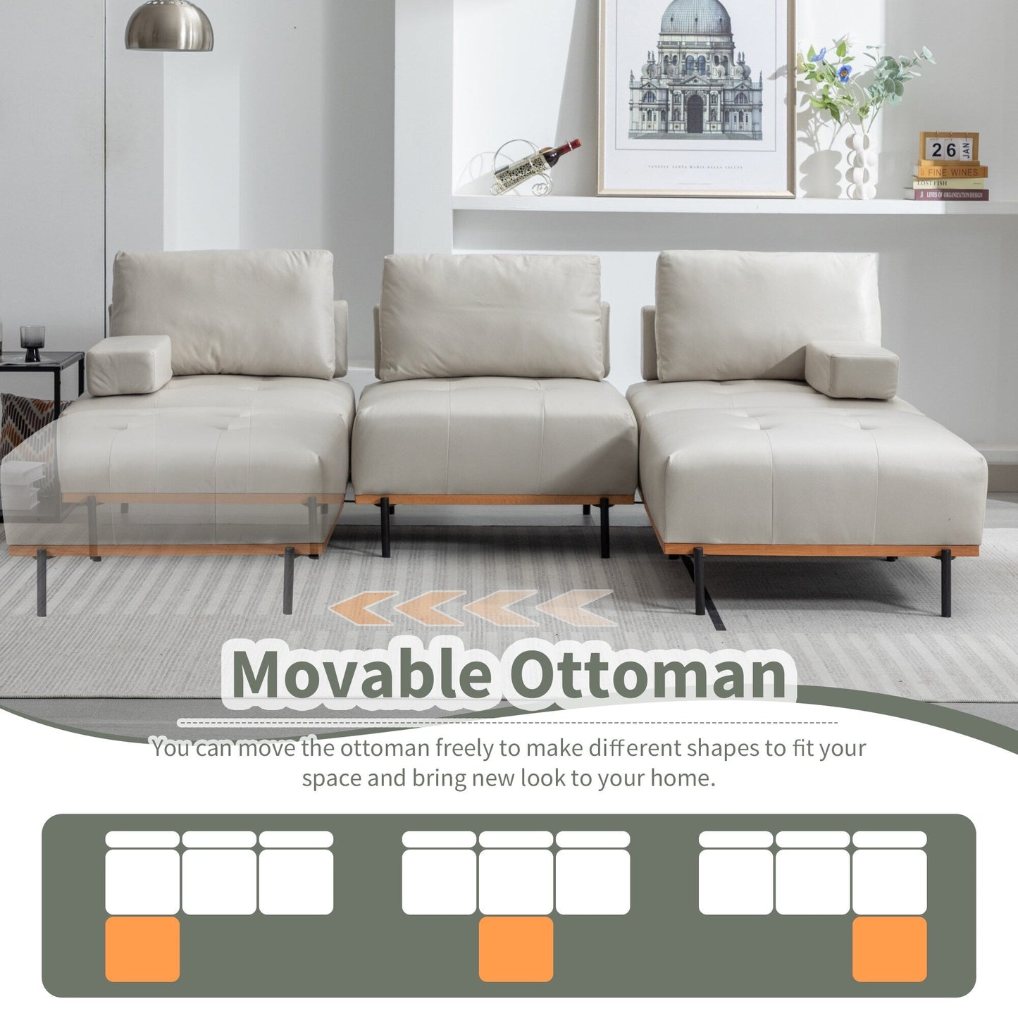 Divano a L in tessuto da 100,7'' con pouf mobile e gambe in metallo