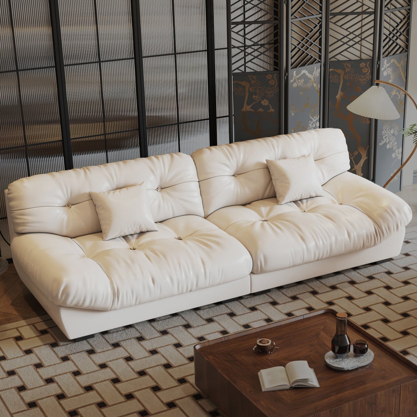 Divano in pelle e piume Mid-Century a 3 posti 102.4 - 110,2 x 31,9