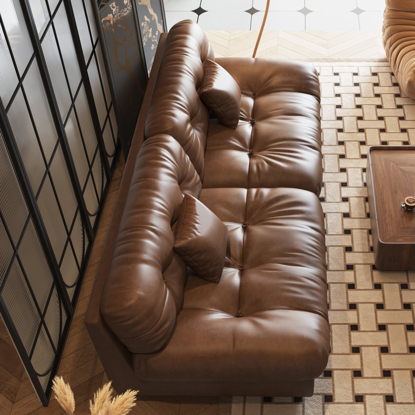 Divano in pelle e piume Mid-Century a 3 posti 102.4 - 110,2 x 31,9