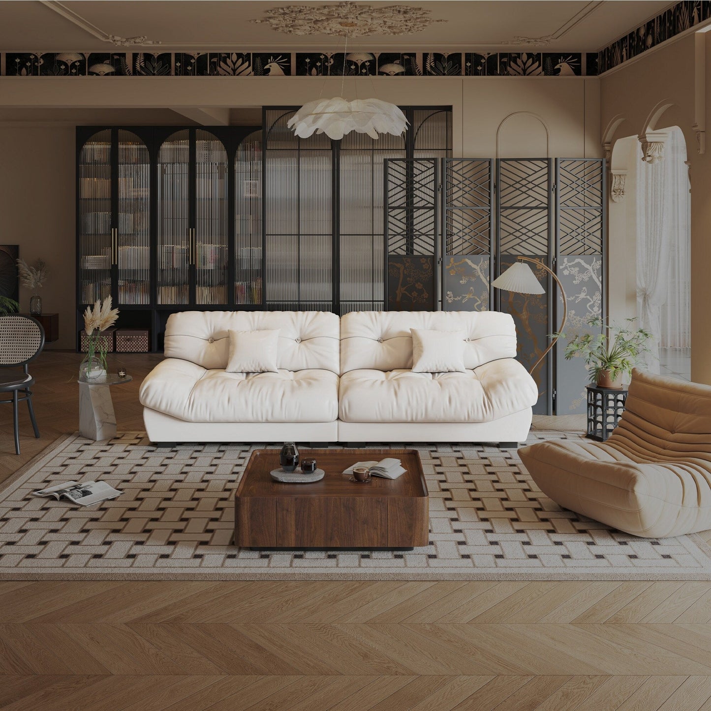 Divano in pelle e piume Mid-Century a 3 posti 102.4 - 110,2 x 31,9