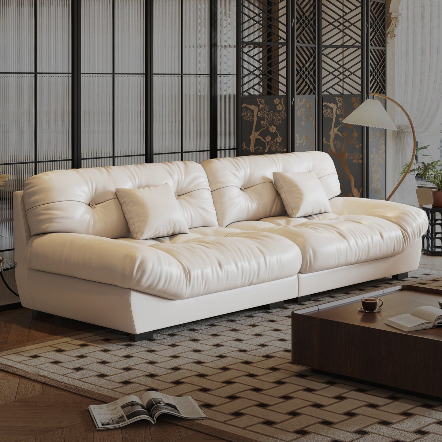 Divano in pelle e piume Mid-Century a 3 posti 102.4 - 110,2 x 31,9