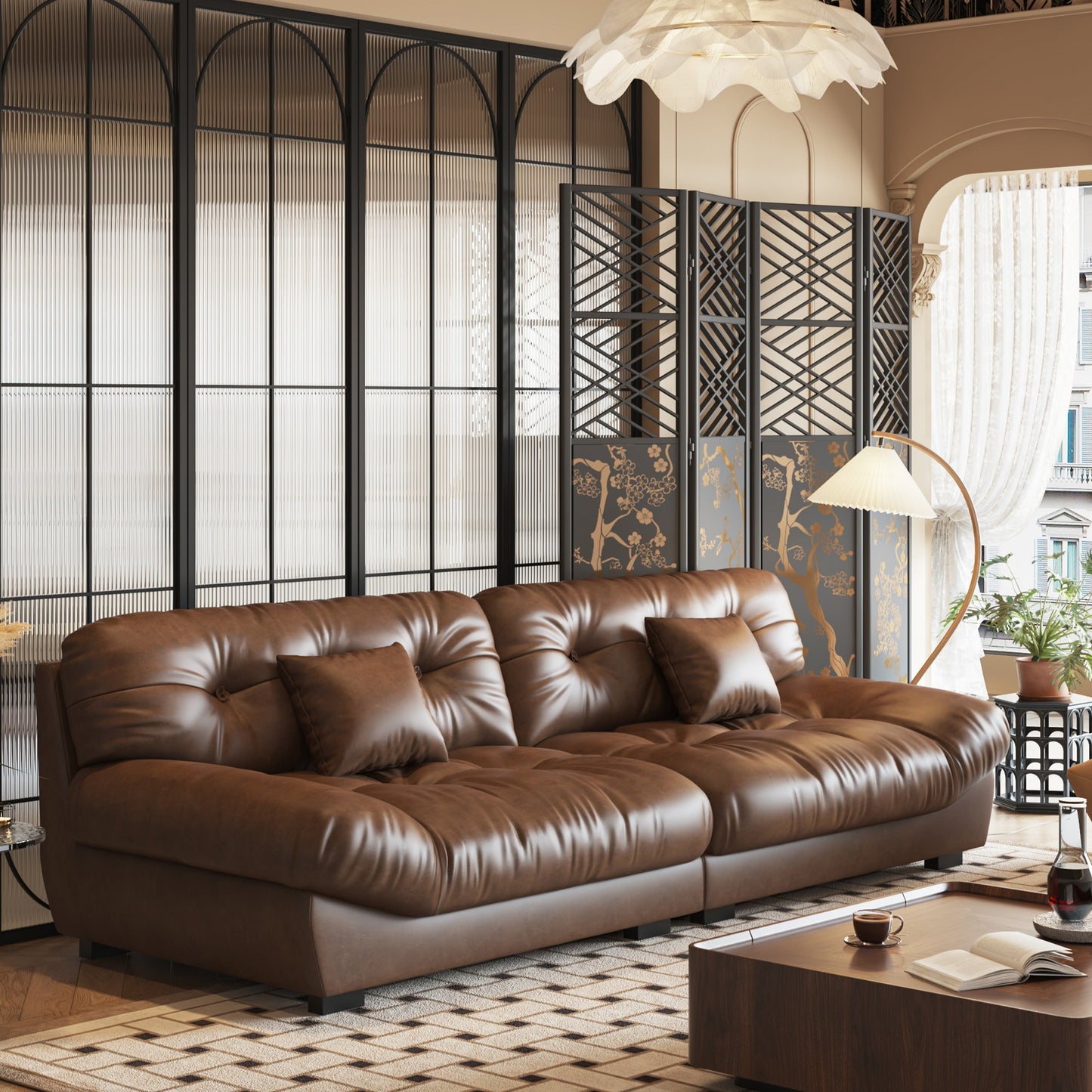 Divano in pelle e piume Mid-Century a 3 posti 102.4 - 110,2 x 31,9