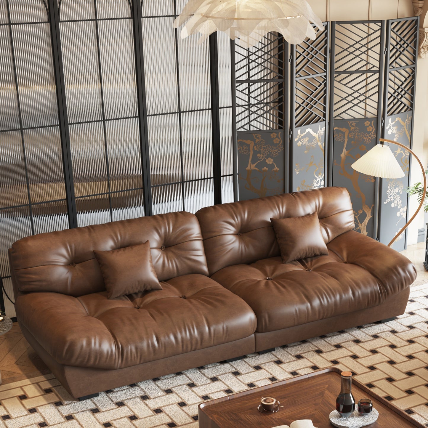 Divano in pelle e piume Mid-Century a 3 posti 102.4 - 110,2 x 31,9