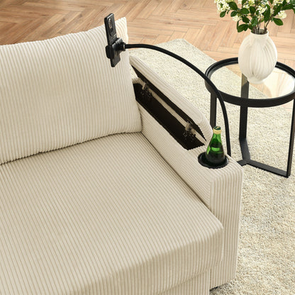 Divano moderno a 3 posti in velluto a coste 102 con seduta profonda, portabicchieri e portatelefono