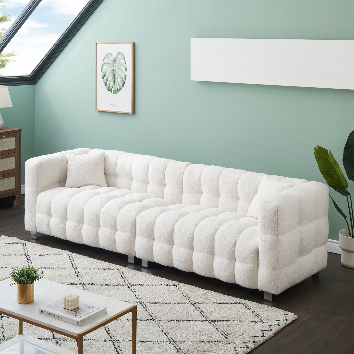 Divano Teddy Velvet da 102'' a 4 posti con gambe in metallo e cuscini decorativi, design moderno multidirezionale per il soggiorno