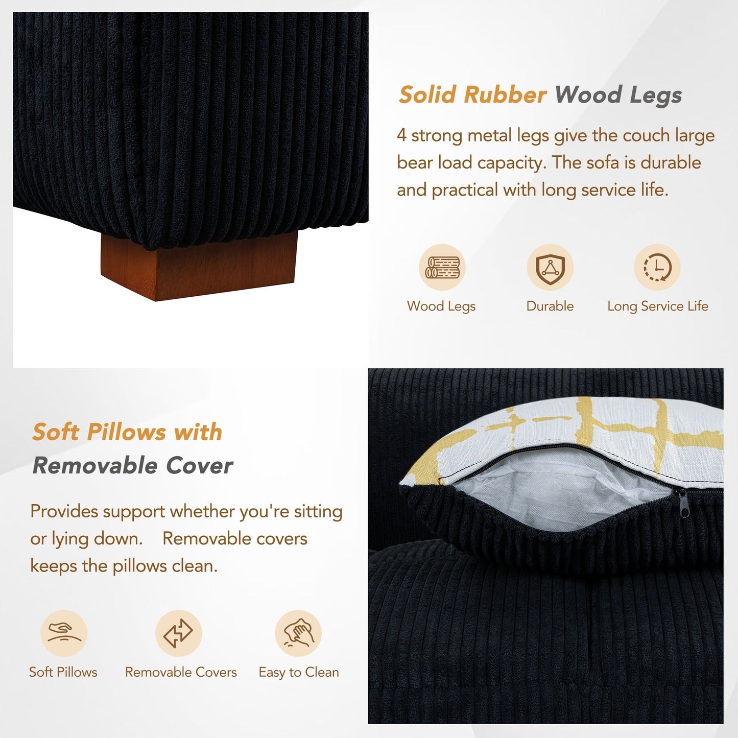 Comodo divano imbottito in velluto a coste con gambe in legno e cuscini - 38,50 x 103,90 x 25,10