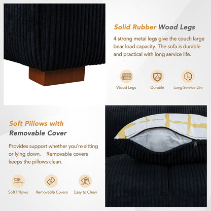 Comodo divano imbottito in velluto a coste con gambe in legno e cuscini - 38,50 x 103,90 x 25,10