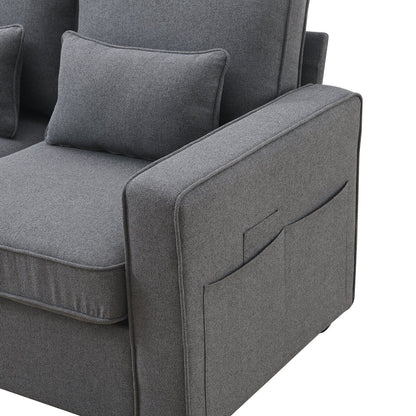 Divano moderno in tessuto di lino a 4 posti 104 con tasche sui braccioli e 4 cuscini