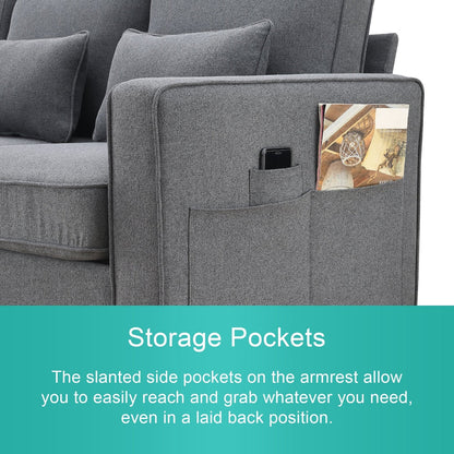 Divano moderno in tessuto di lino a 4 posti 104 con tasche sui braccioli e 4 cuscini