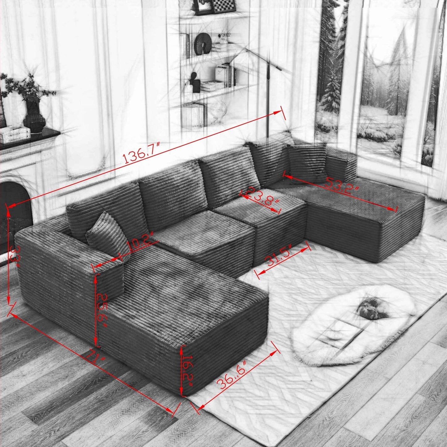 Divano componibile 106 Cloud con doppia chaise longue, divano modulare moderno con seduta profonda per soggiorno, non richiede montaggio