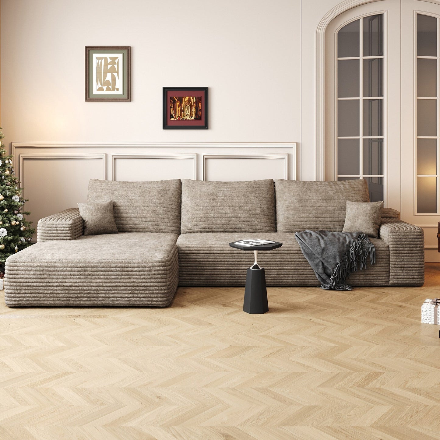 Divano componibile modulare in velluto a coste da 107 pollici con chaise longue e seduta profonda per soggiorno, camera da letto