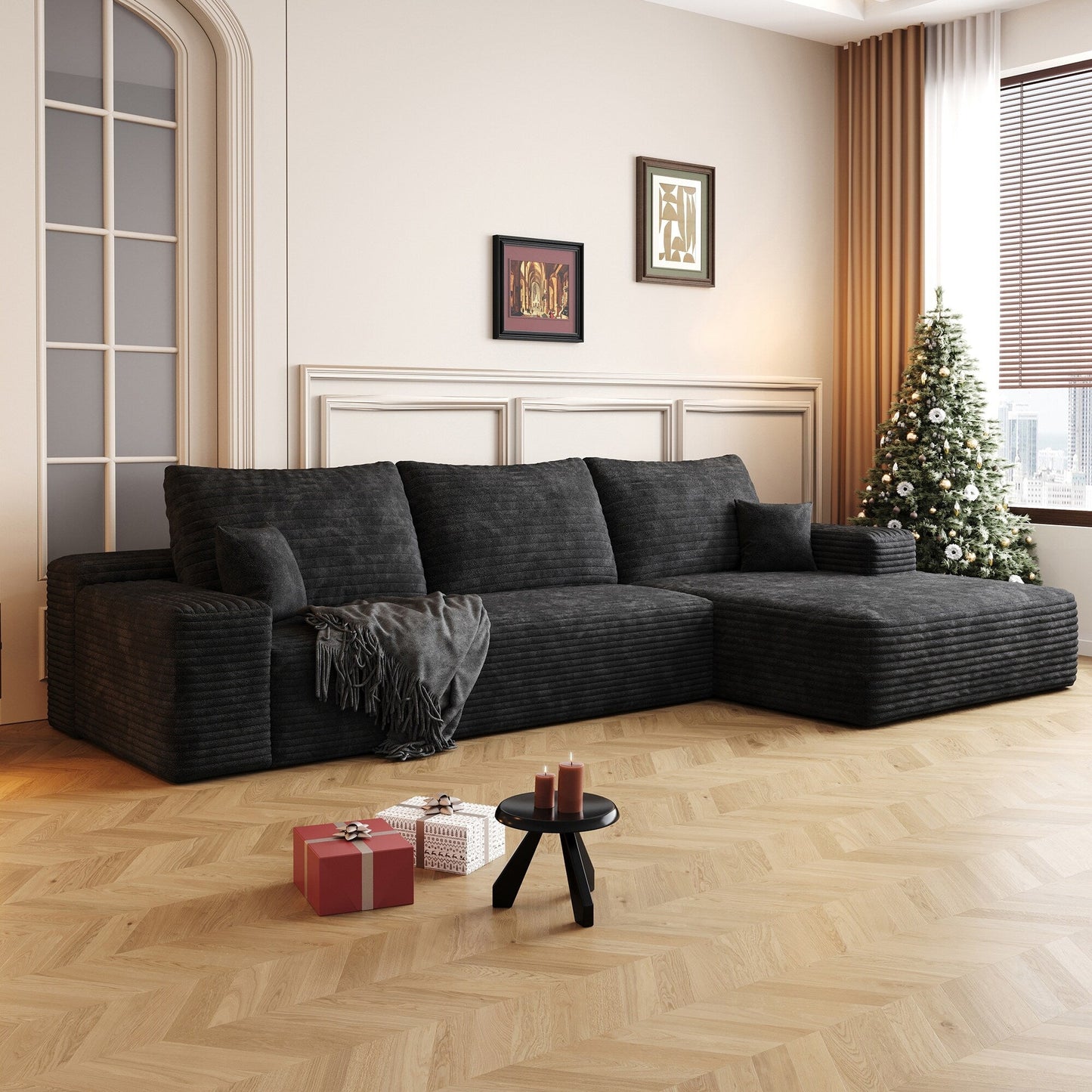 Divano componibile modulare in velluto a coste da 107 pollici con chaise longue e seduta profonda per soggiorno, camera da letto