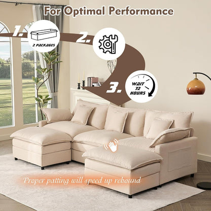 Divano componibile modulare a L 108 - Divano a nuvola a 3 posti con pouf mobile e seduta profonda, tessuto in lino beige