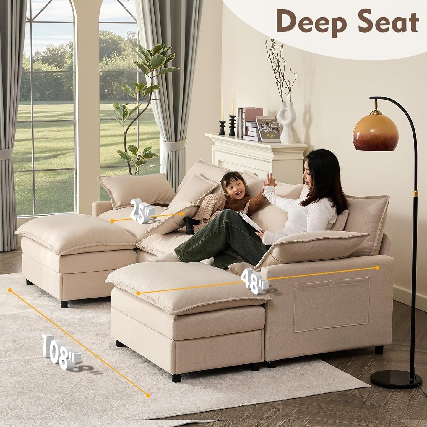 Divano componibile modulare a L 108 - Divano a nuvola a 3 posti con pouf mobile e seduta profonda, tessuto in lino beige