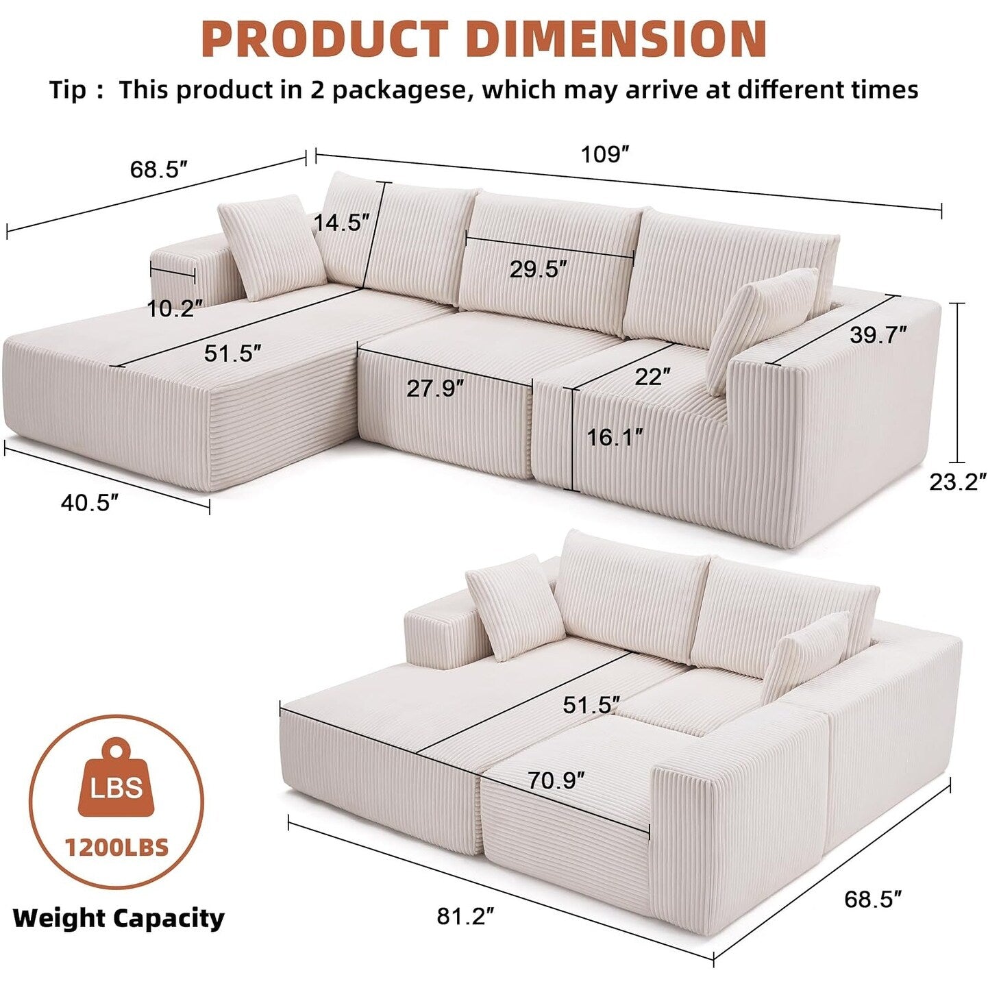 Divano componibile modulare 108 Cloud - Divano a L con seduta profonda e chaise longue, divano imbottito per soggiorno e camera da letto