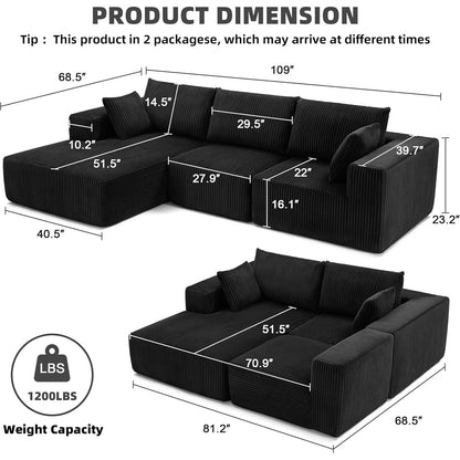 Divano componibile modulare 108 Cloud - Divano a L con seduta profonda e chaise longue, divano imbottito per soggiorno e camera da letto