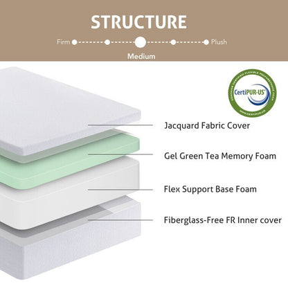 Materasso in memory foam gel medio da 10'' con infuso di tè verde