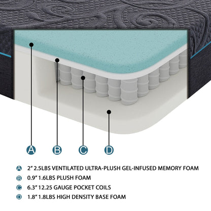Materasso ibrido in memory foam con infusione di gel per letto matrimoniale da 11 pollici, grigio scuro, materasso in una scatola