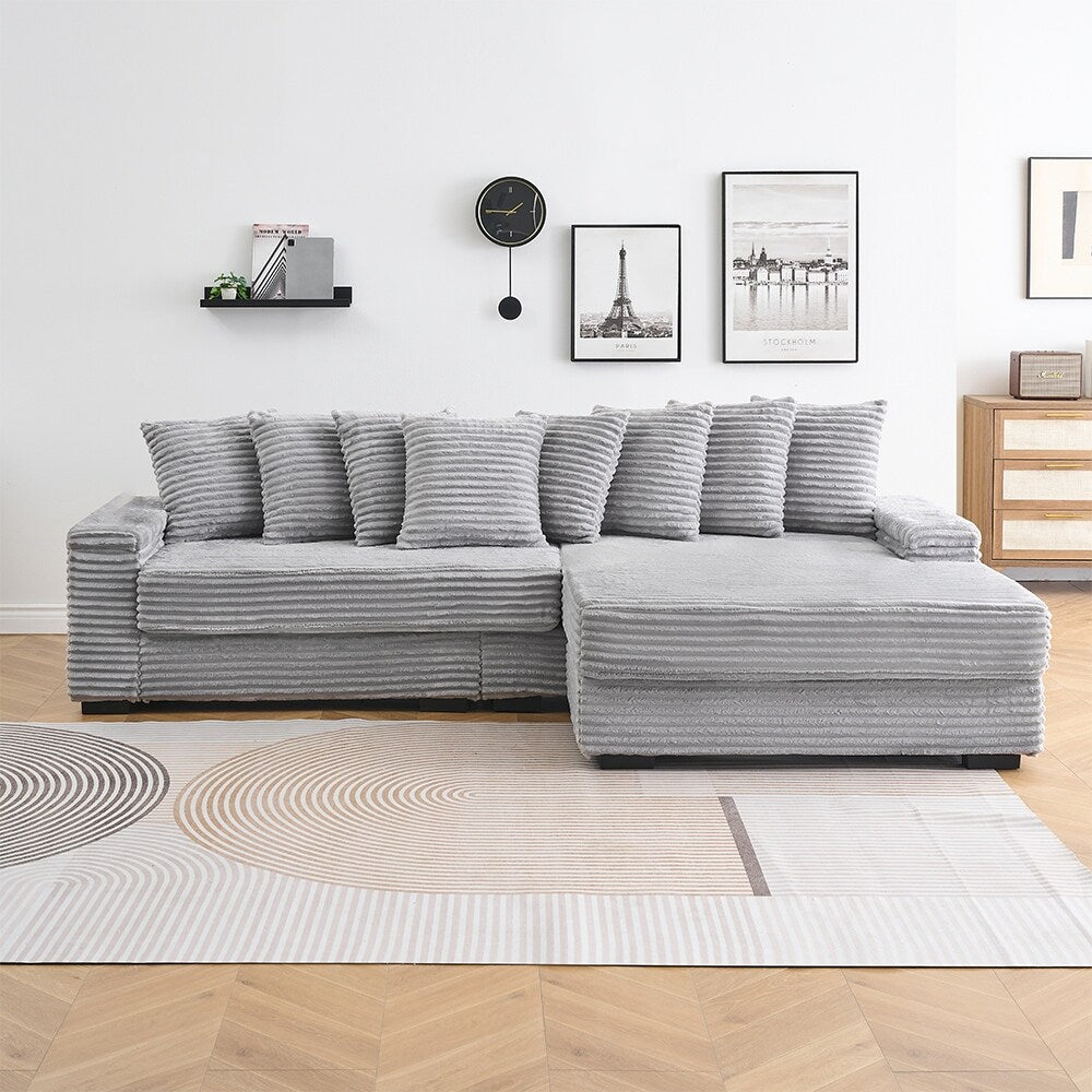 Divano in velluto a coste a L da 111,4 pollici con 8 cuscini decorativi e poggiapiedi