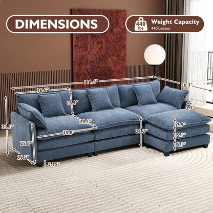 Divano componibile a forma di L 111.4 con pouf - Divano in ciniglia a 4 posti per soggiorno