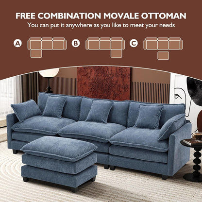 Divano componibile a forma di L 111.4 con pouf - Divano in ciniglia a 4 posti per soggiorno