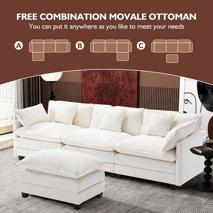 Divano componibile a forma di L 111.4 con pouf - Divano in ciniglia a 4 posti per soggiorno